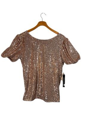 S.C. Society Sequin Puff Sleeve Scoop Back Top Size S Rose Gold  Party Festival